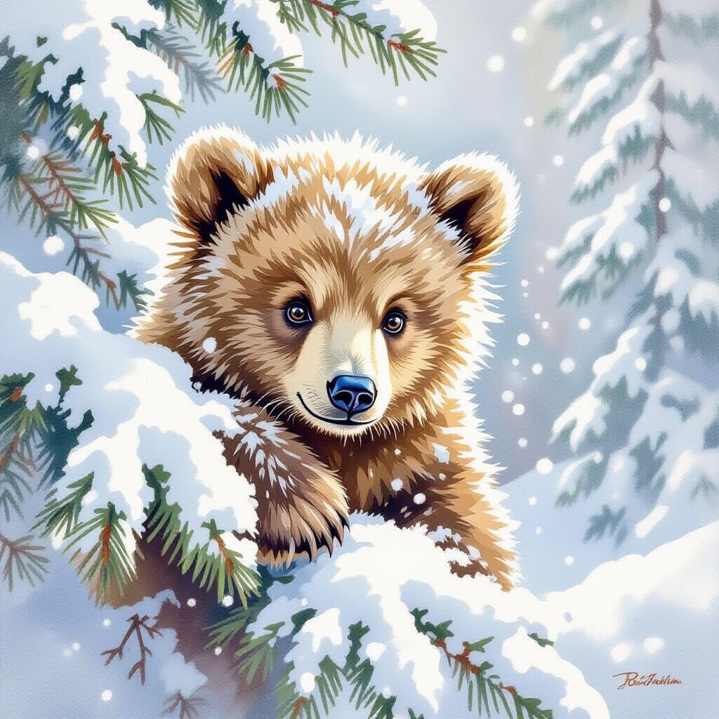 Curious Bear Cub in Snowy Watercolor Scene