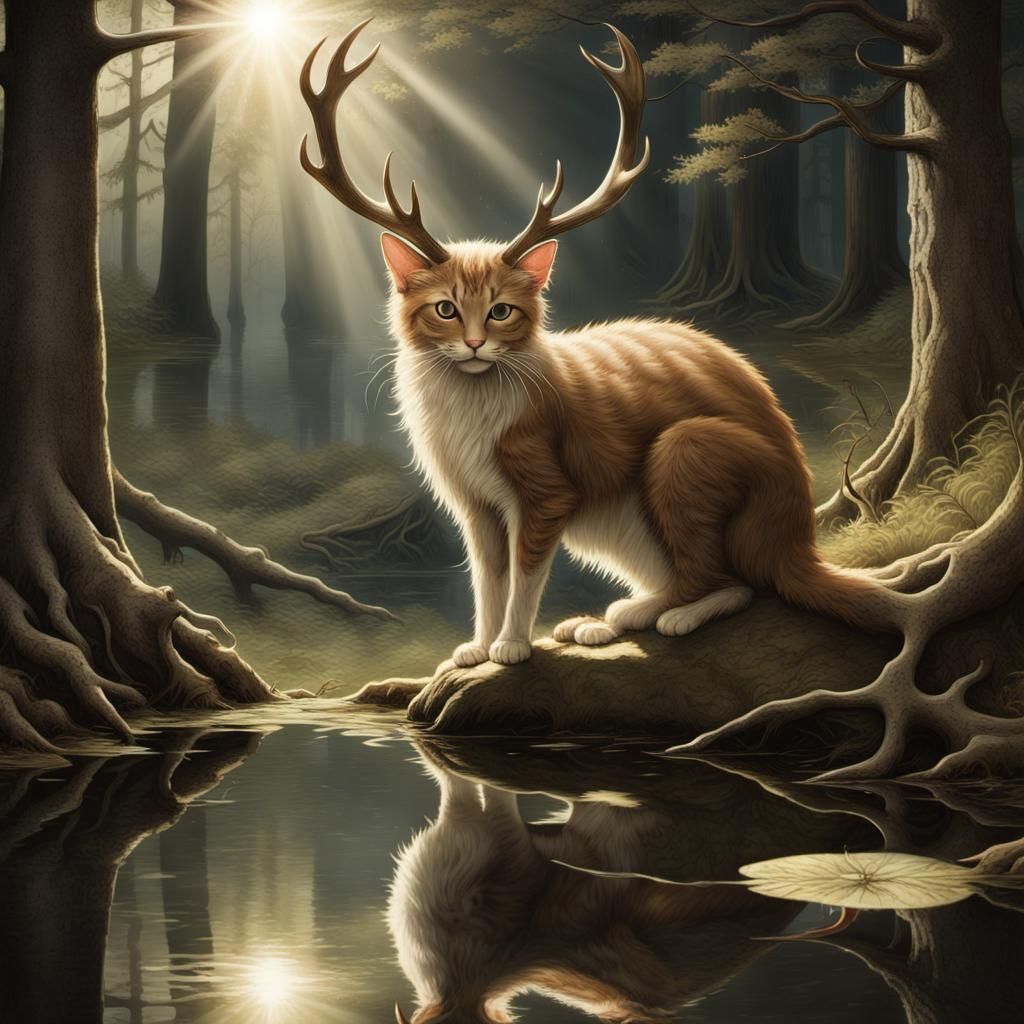 Enchanted Feline Encounter in Whimsical Woodland Scene