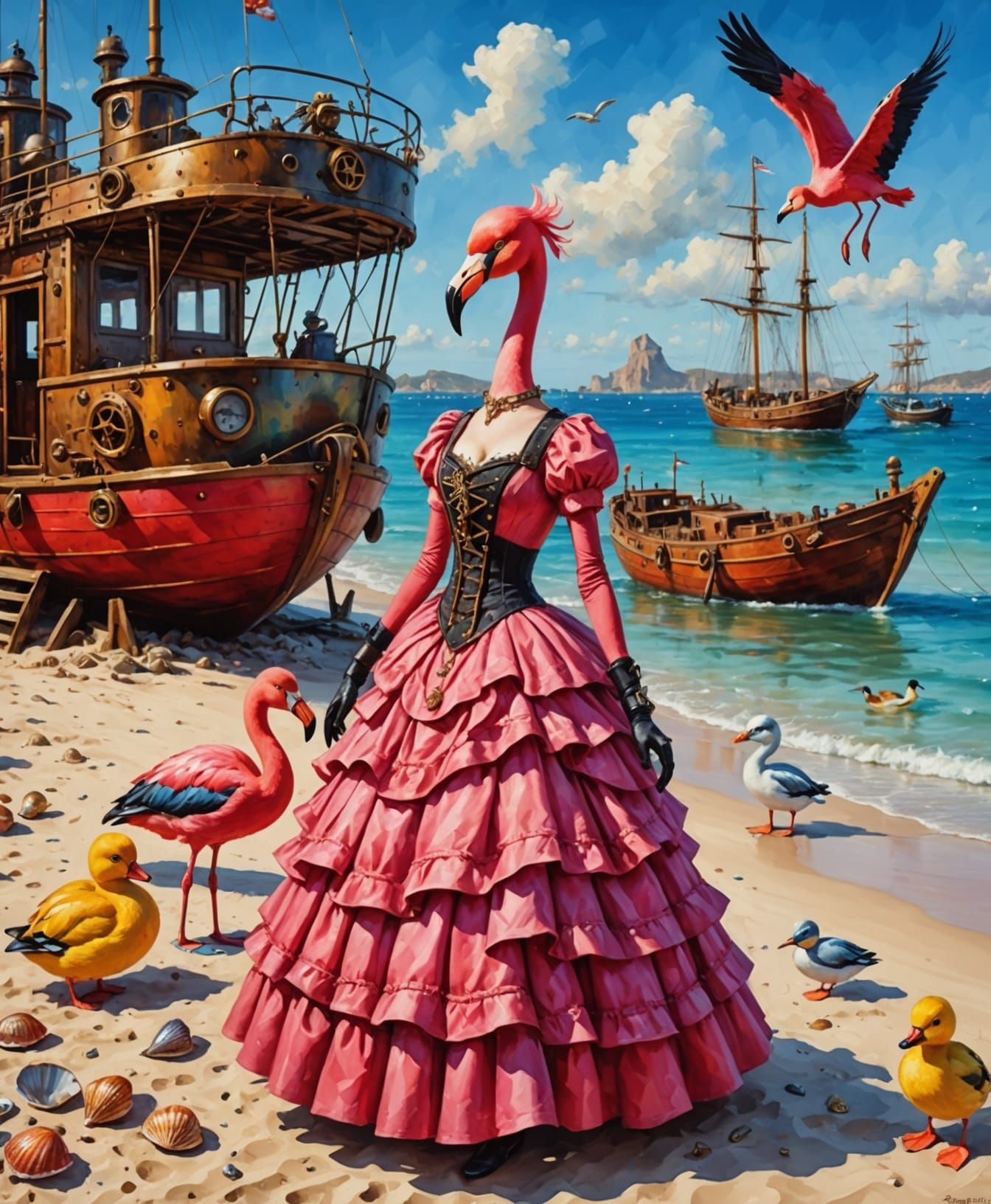 Surreal Steampunk Beach Scene with a Flamingo in a Red Dress