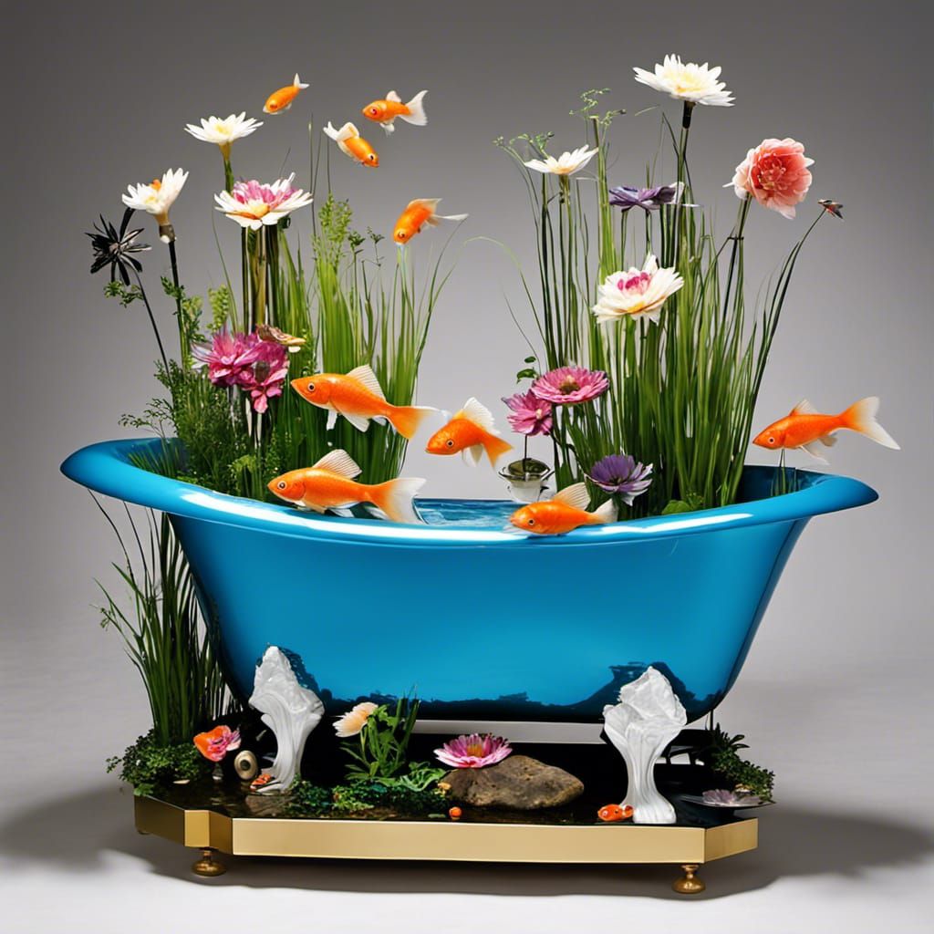 An upscale bathtub turned into a goldfish pond with flying fish