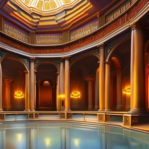 Vibrant Roman Baths Interior in Hyperrealistic Style