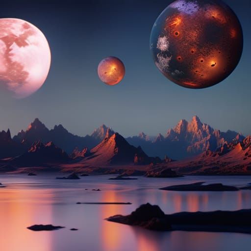 Mirrored Moon in Hyperreal Galactic Scene