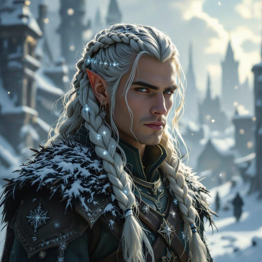 Elven Warrior in Ancient Frozen City, Oil Realistic Style