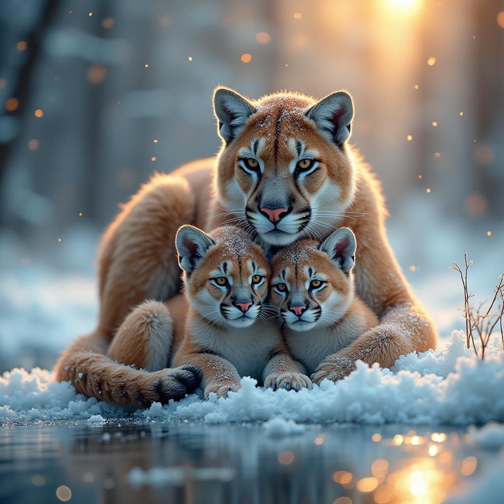 Majestic Cougar With Cubs in Ethereal Moonlit Forest