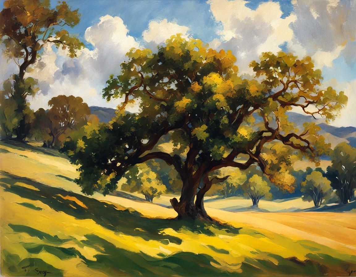 Oak Trees Landscape in John Singer Sargent Style