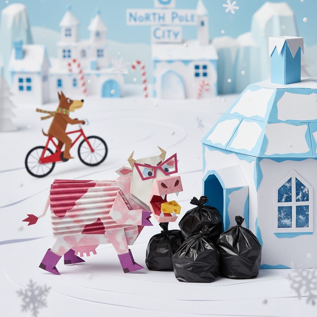 Angry Cow Takes Out Trash in Origami North Pole City