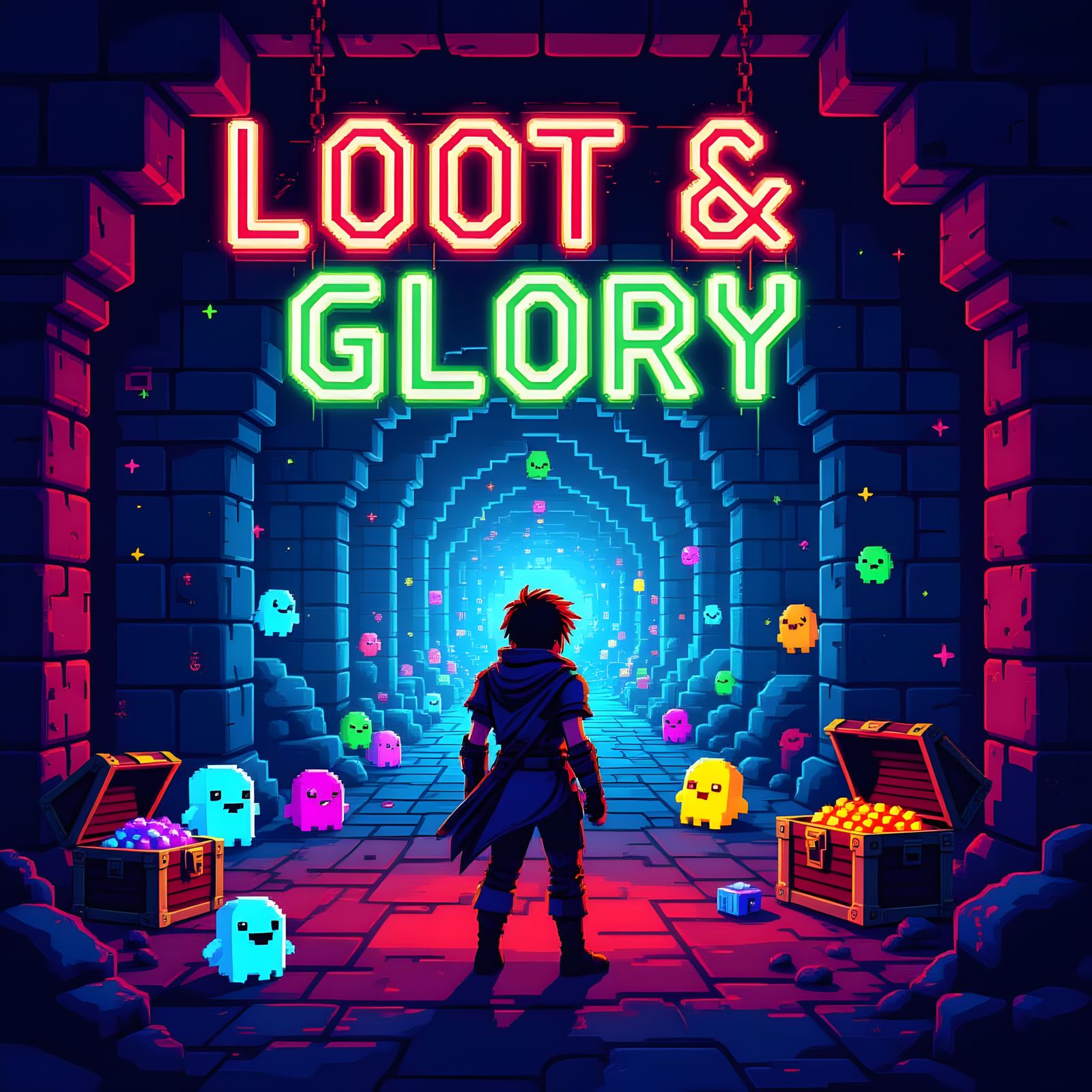 Pixelated Dungeon Corridor with Neon Monsters