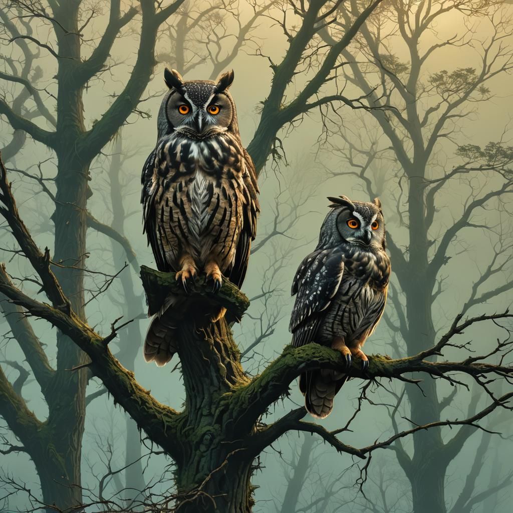 Majestic Owls in a Dewy Grotto of Green