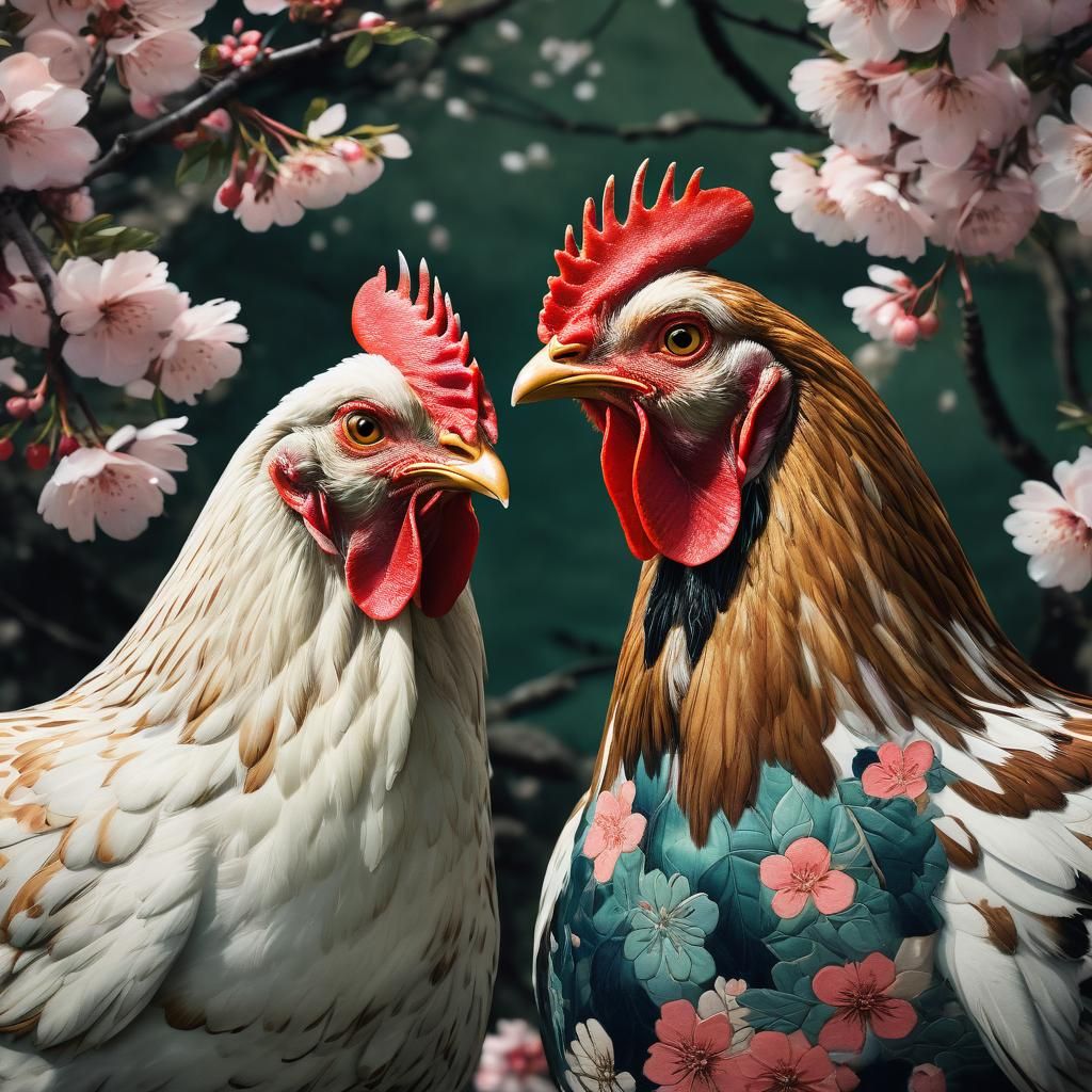 Traditional Japanese Chicken Couple in Cherry Blossom Paradi...