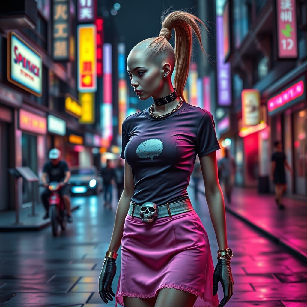 Cyberpunk Android in Retro-Futuristic Cityscape