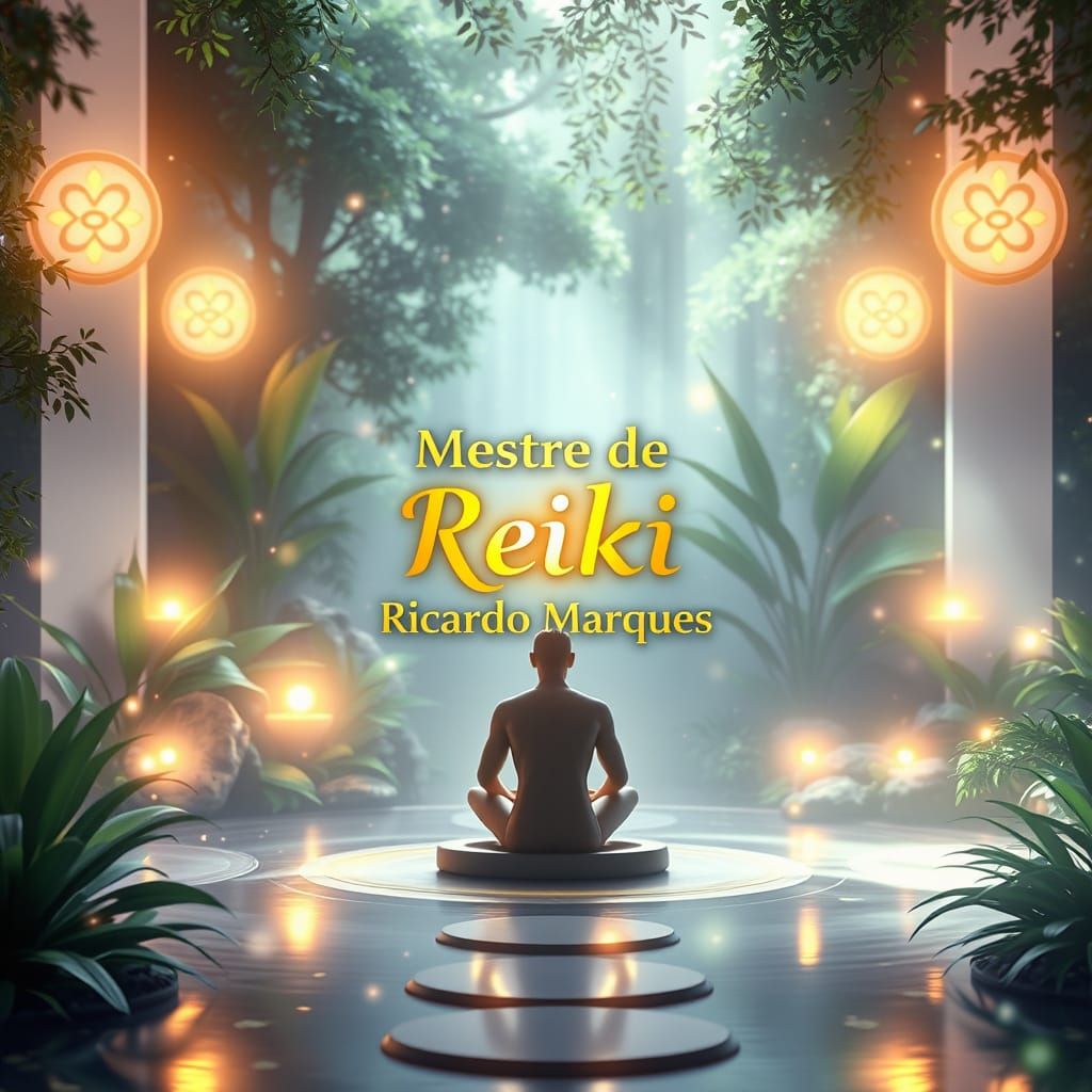 Ethereal Zen Garden Scene with Meditating Figure and Reiki S...