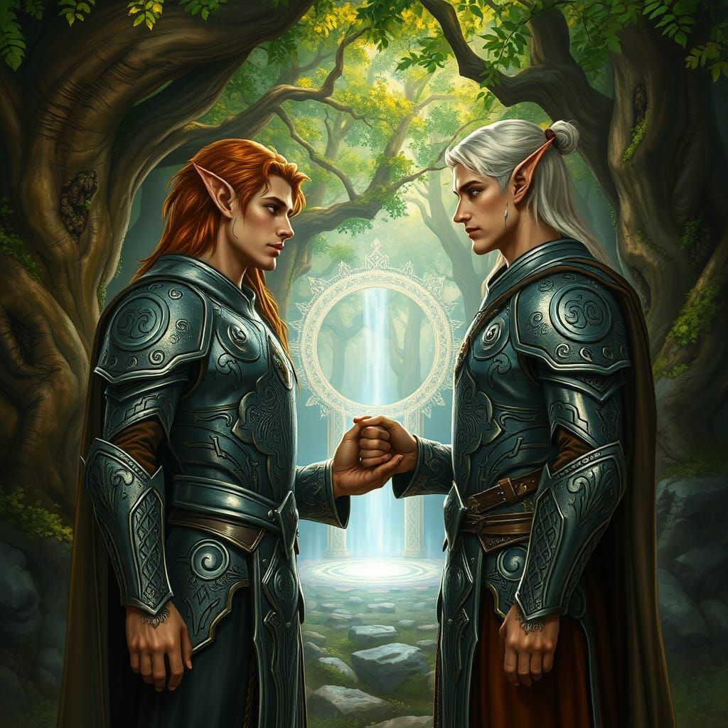 Two Elves Contemplate a Portal in a Hidden Grove