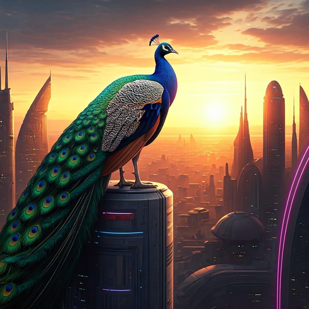 Majestic Peacock Dominates Coruscant Skyscraper