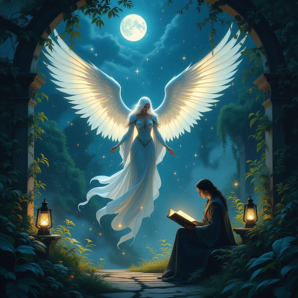 Celestial Being and Scholar in Ethereal Moonlit Garden