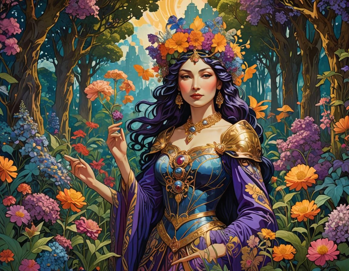 Ethereal Queen in Whimsical Garden of Dreams