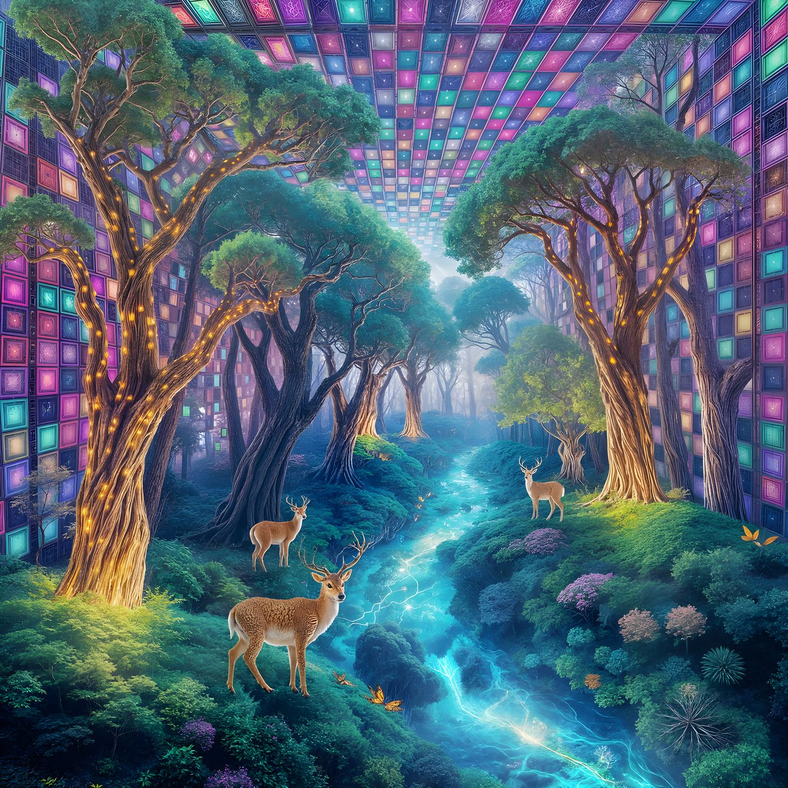 Surreal Forest of Infinite Square Matrix in Vibrant, Luminou...