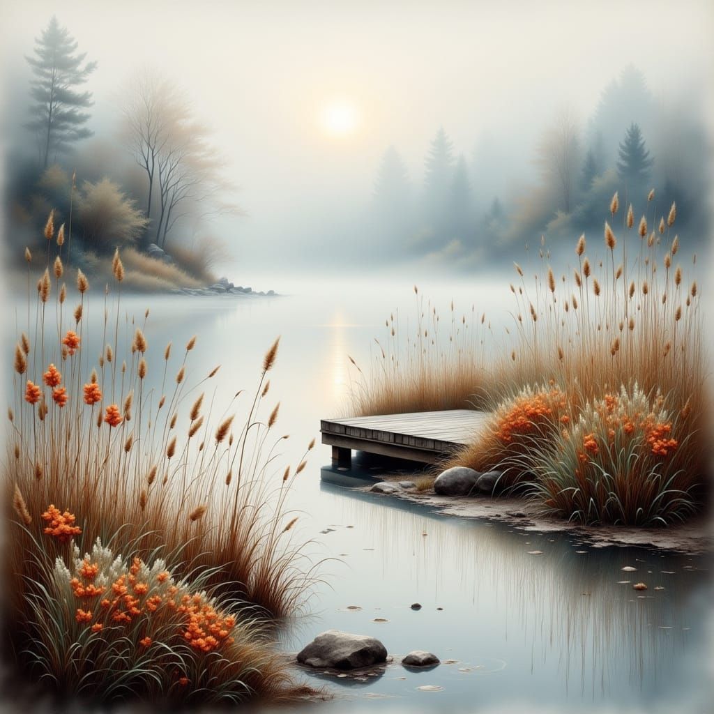 Foggy Lake Dock with Reeds in Watercolor Style
