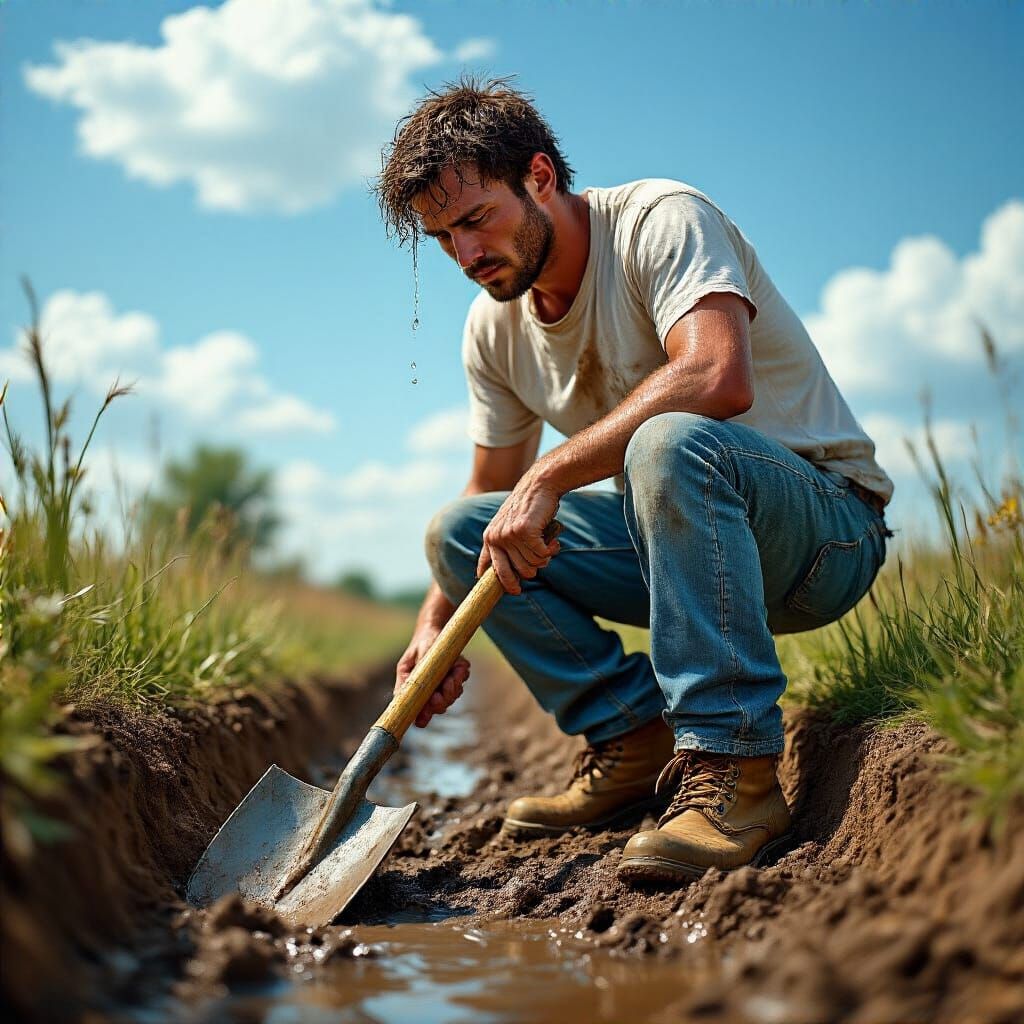 Man Digging Ditch in Summer Sun, Photorealistic Style