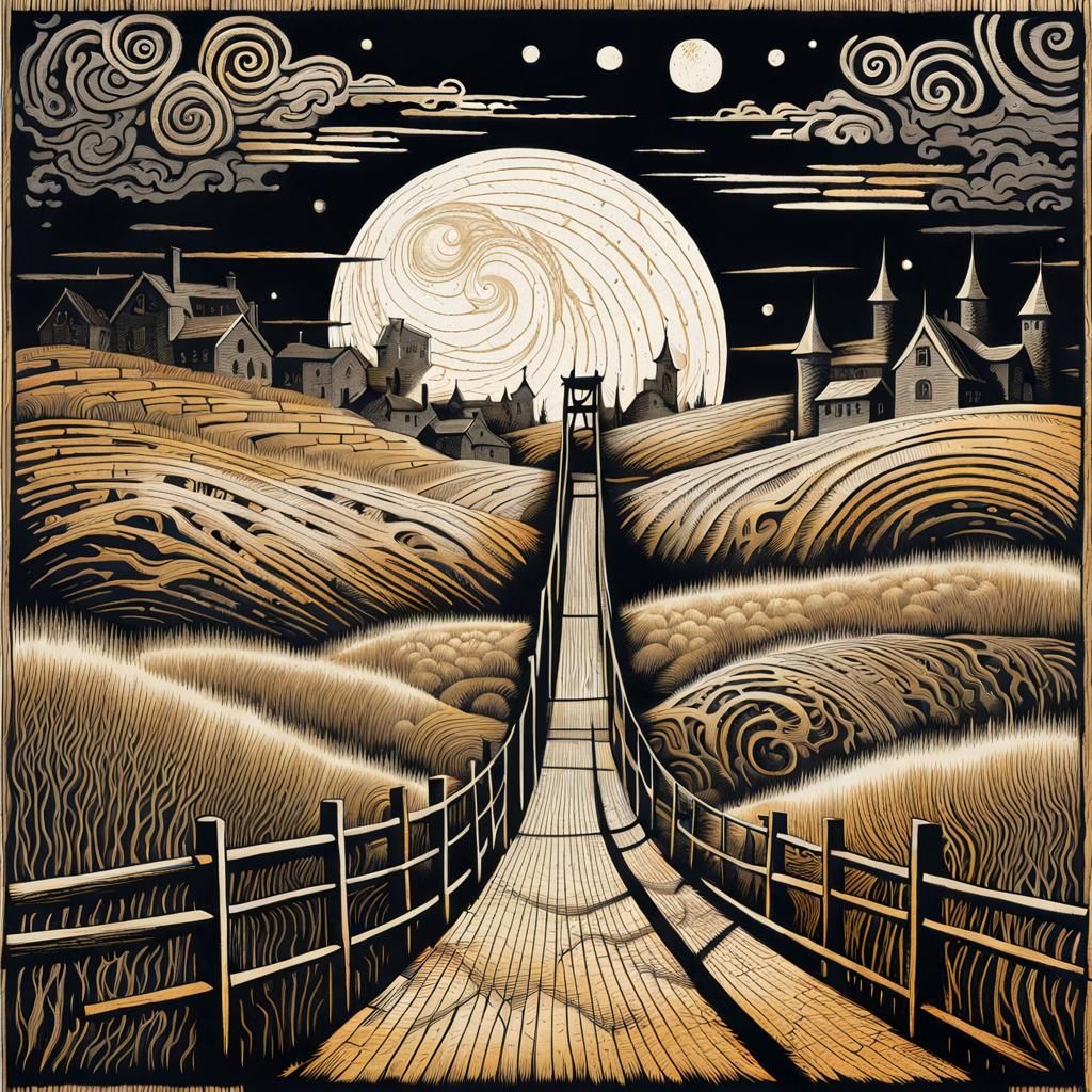 Eerie Woodcut Print of a Creepy Suspension Bridge in a Devas...