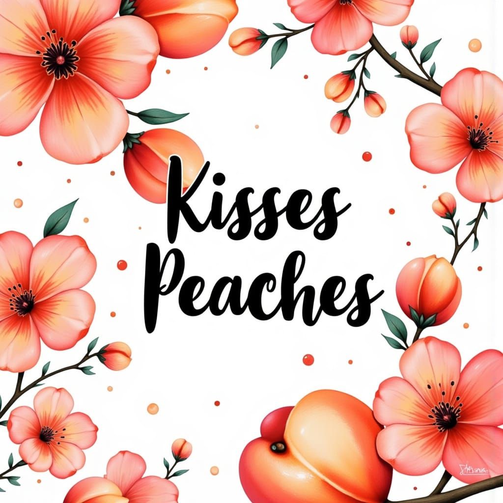 Whimsical Peach Blossom Scene with Handwritten Text in a Dre...