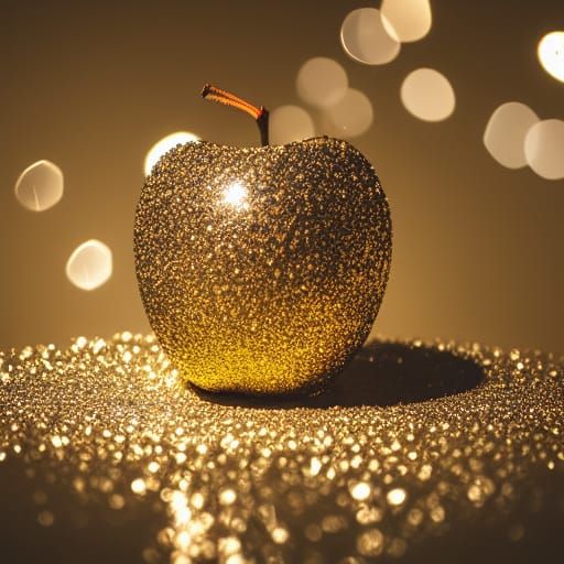 Luxurious Golden Apple Sliced in Half Amidst Sparkling Diamo...