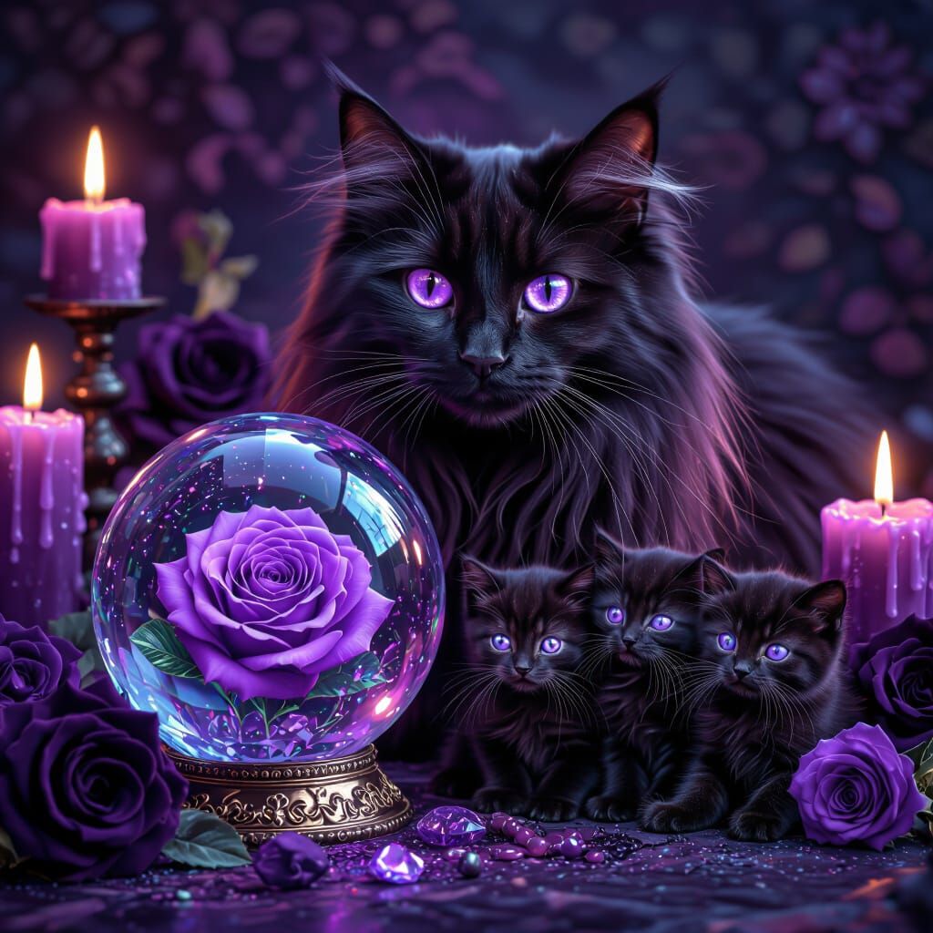 Mystical Black Cat Family Portrait with Crystal Ball