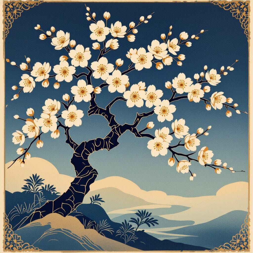 Japanese Cherry Blossom Kamon Design in Woodblock Style