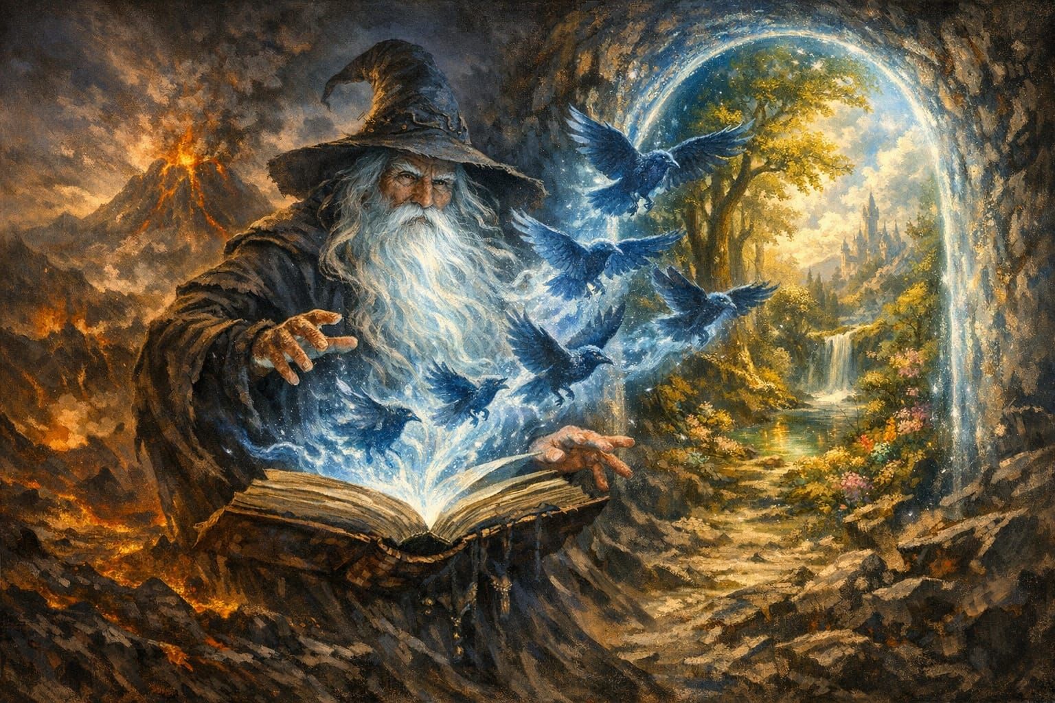 Wizard Conjures Spectral Ravens Through Portal