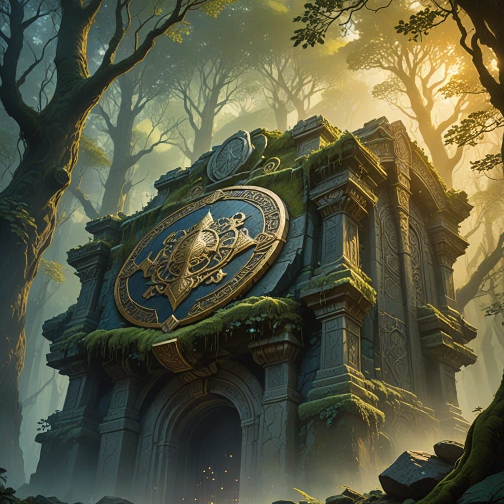 Fantasy Temple Under Moonlight in Ancient Forest