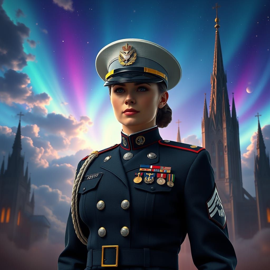 Marine in Dress Blues Against Dreamlike Backdrop