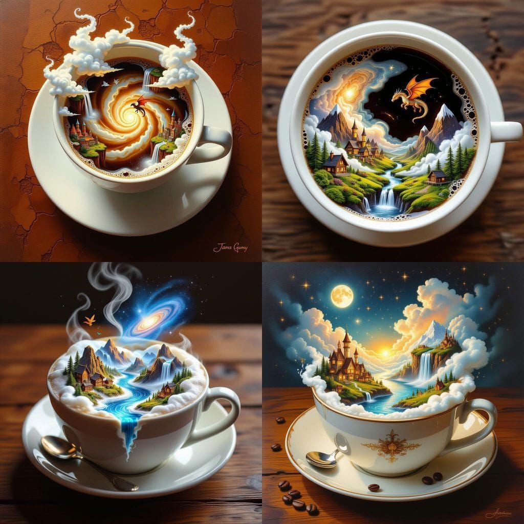 Magical Coffee World Erupts From Cup on Wooden Table