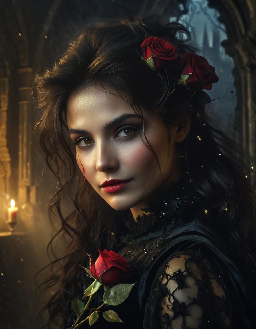 Majestic Renaissance Woman in Starlit Castle Antechamber