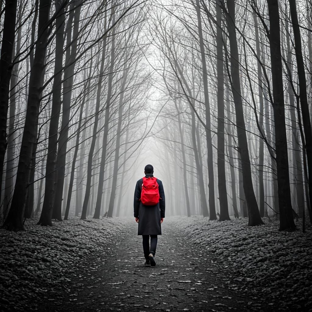 Misty Forest Hike with Red Backpack