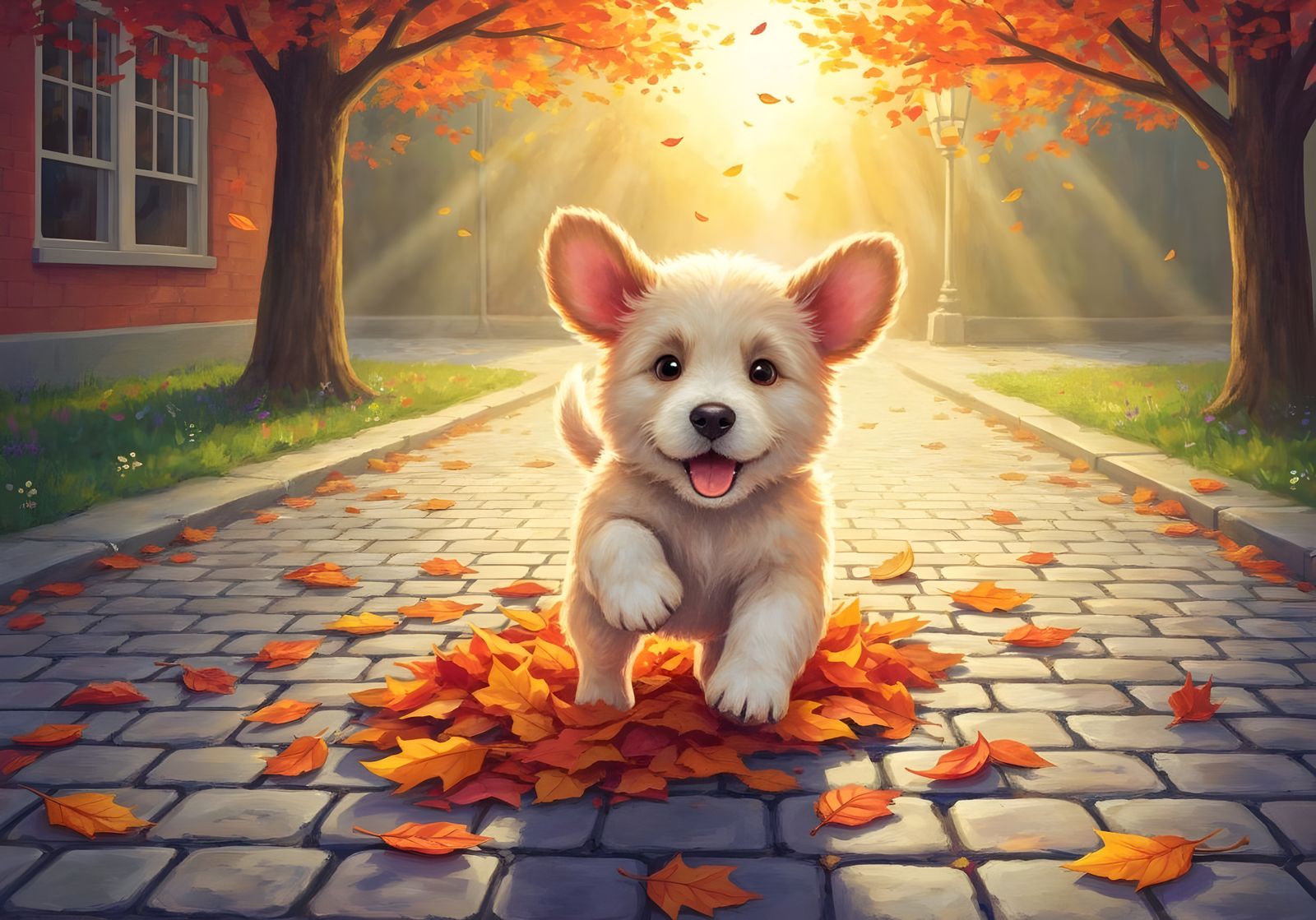 Fluffy Puppy Plays in Autumn Leaves