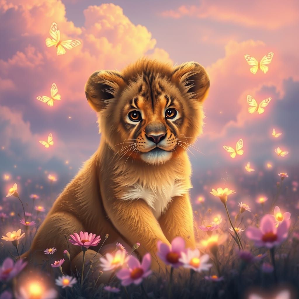 Majestic Lion Cub with Starlight Butterflies in Neon Sky