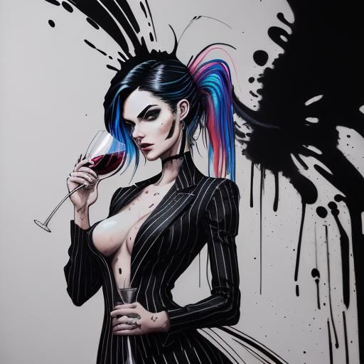 Ethereal Pinstripe Fashion Icon with Wine Glass