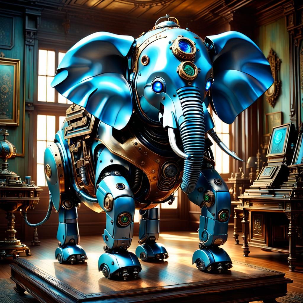 Steampunk Miniature Robot Elephant in Elegant Victorian Parl...