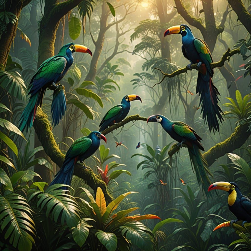Peacocks and Toucans in Misty Rainforest