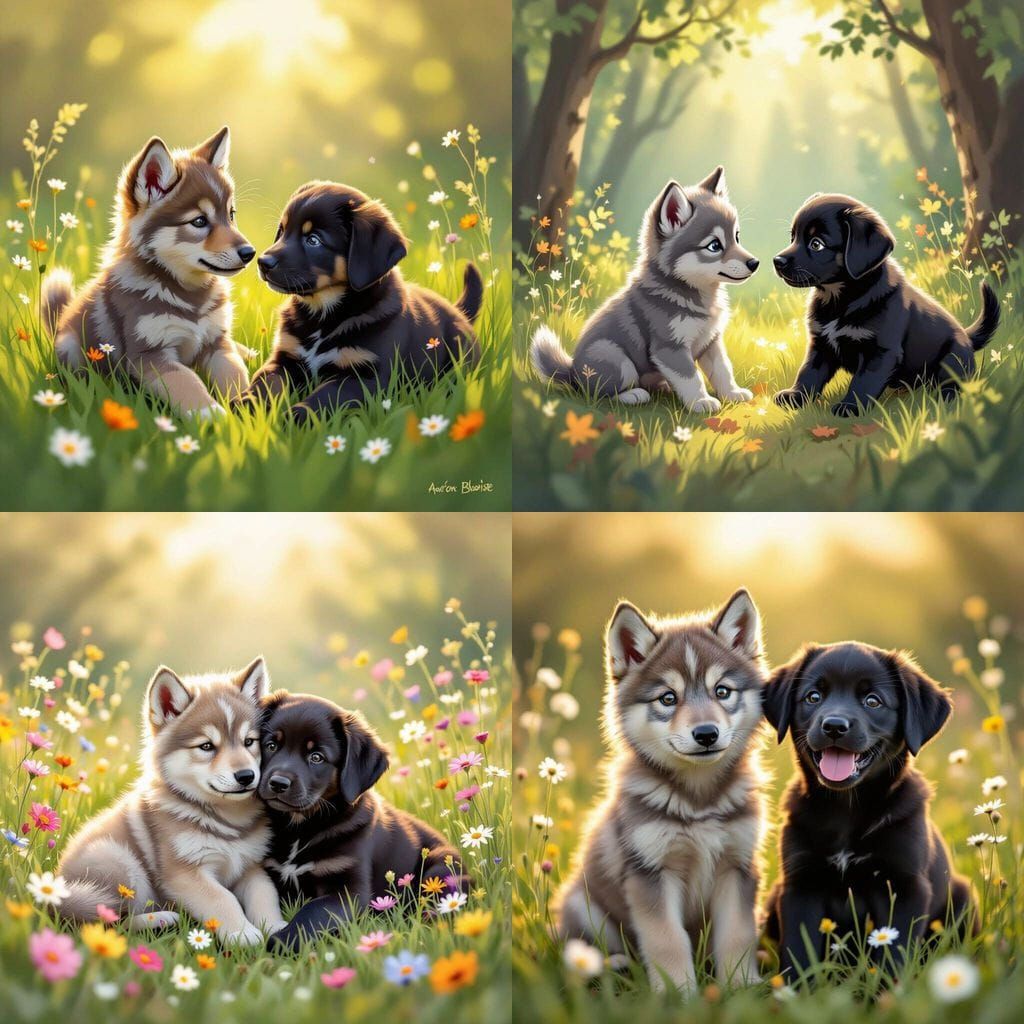 Wolf Pup and Black Labrador Puppy Together