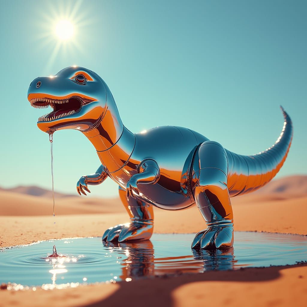 Surreal Chrome Balloon T-Rex Floats Above Desert in Futurist...