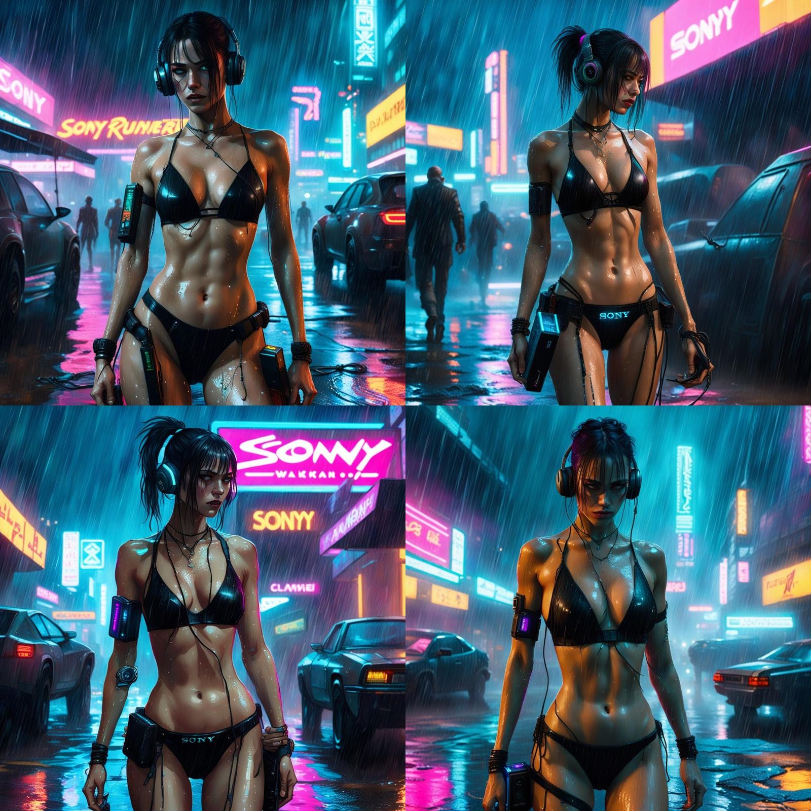 Girl Revels in Neon Rain with Cyberpunk Sony Walkman