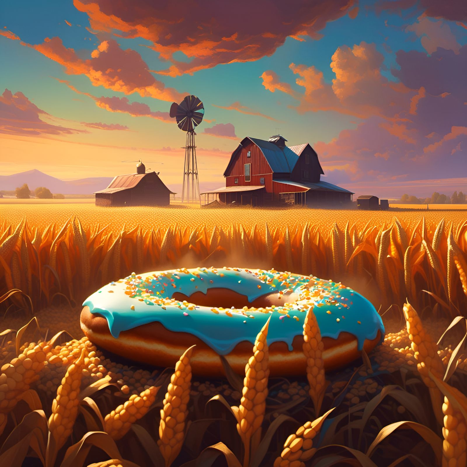 Surreal Donut Lands in Cornfield, Farmhouse in Distance