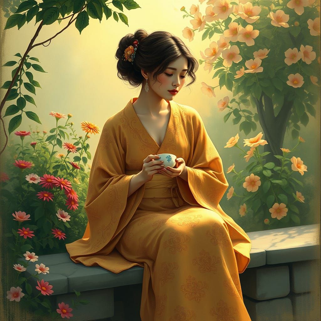 Serene Woman in Kimono Surrounded by Lush Garden