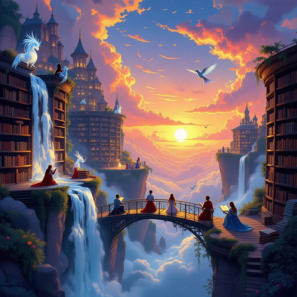 Magical Cloud Library with Floating Books and Ink Waterfalls