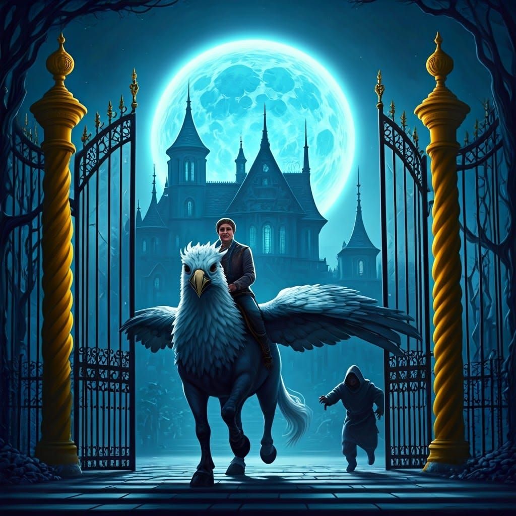 Man Flees on his Majestic Hippogriff Under a Glowing Blue Mo...