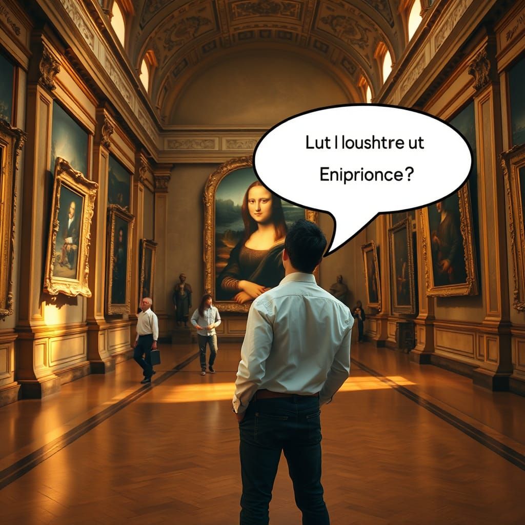 A Man Contemplates Mona Lisa in the Grand Louvre