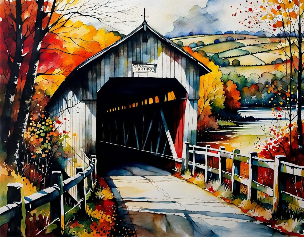 Autumnal Covered Bridge in Vibrant Alcohol Ink Style