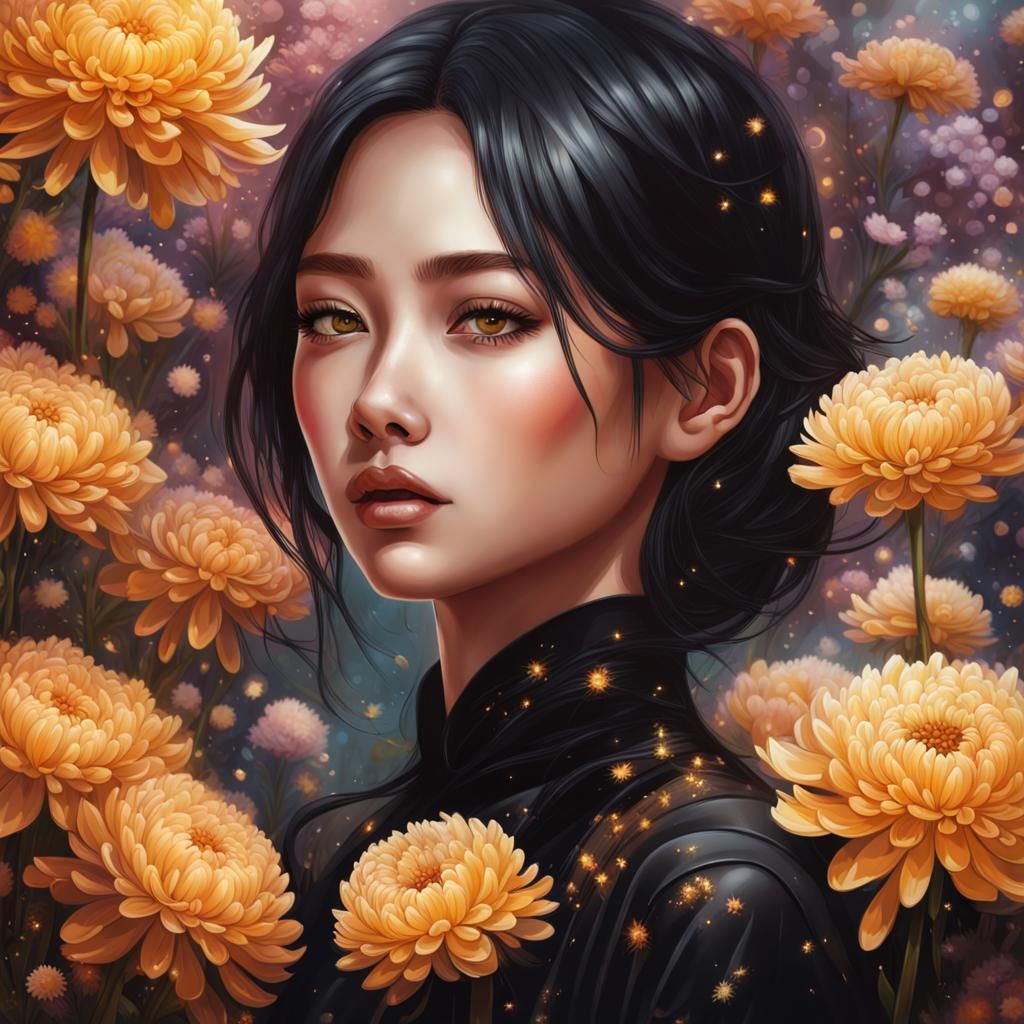 Hyperrealistic Portrait of a Young Woman Among Chrysanthemum...