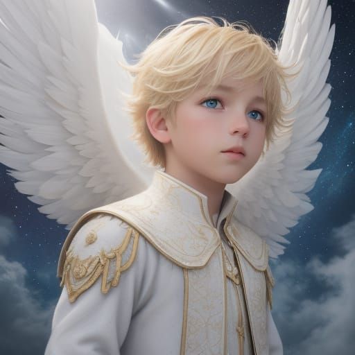 Blond Boy Angel With Cosmic Wings In Starry Field