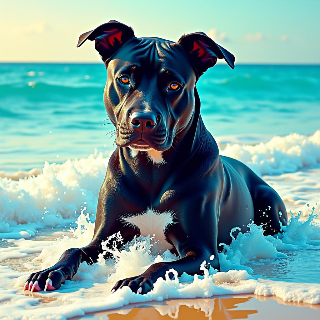 Serenely Majestic Pit Bull in Turquoise Ocean Scene